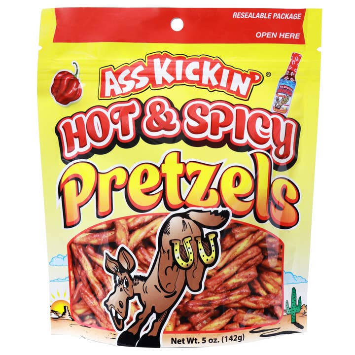 Ass Kickin' Hot & Spicy Pretzels - 5 oz Resealable Bags for wholesale by Southwest Specialty Food