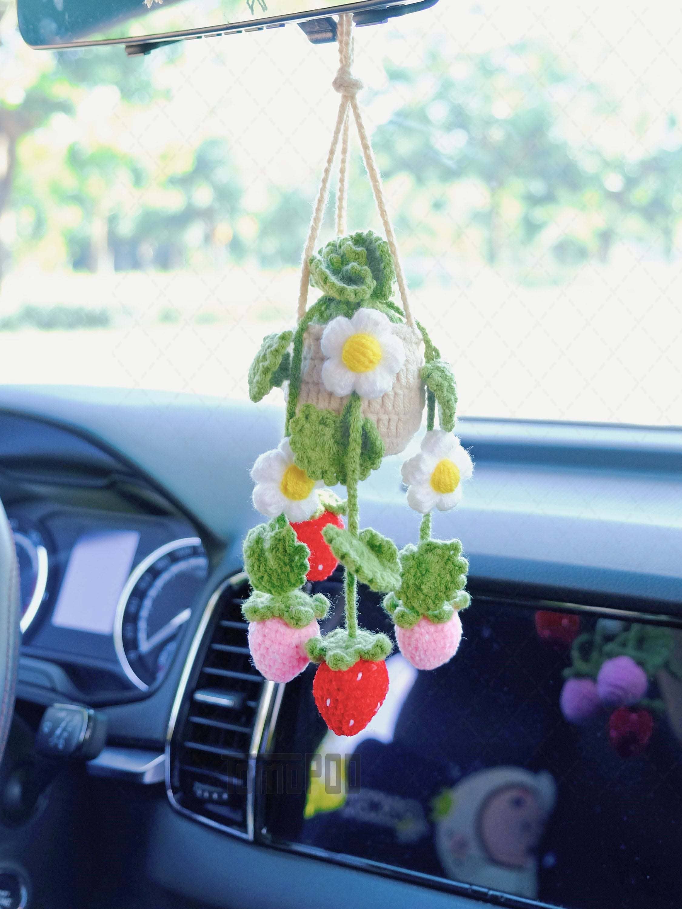 TOMOPOD LLC - Wholesale Car Decorative Charm - Unisex - Crochet Strawberry & Daisy Flower Car Mirror Hanging Plant2