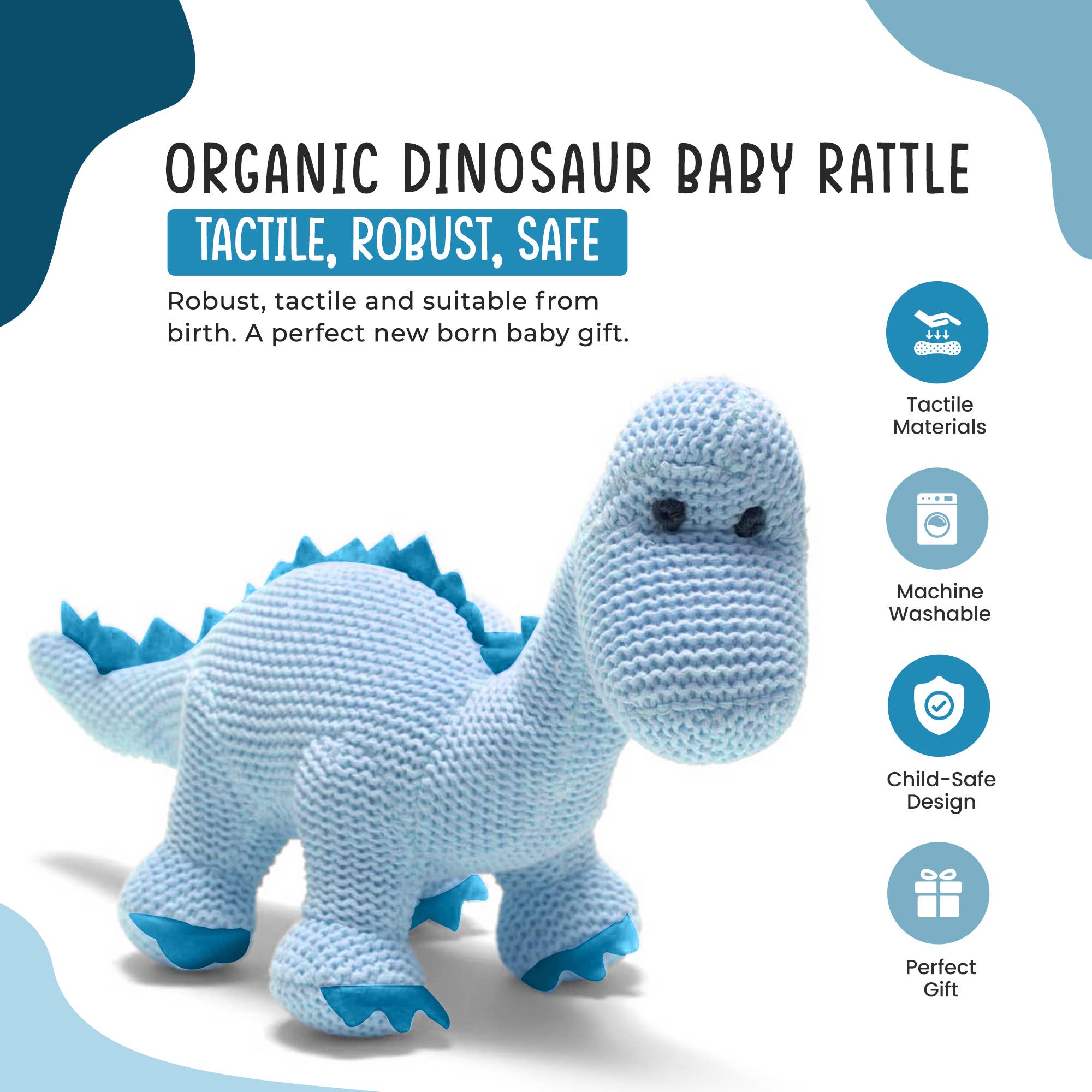 Best Years Ltd – wholesale Handheld rattle – Baby – Knitted Organic Cotton Blue Diplodocus Dinosaur Baby Rattle3