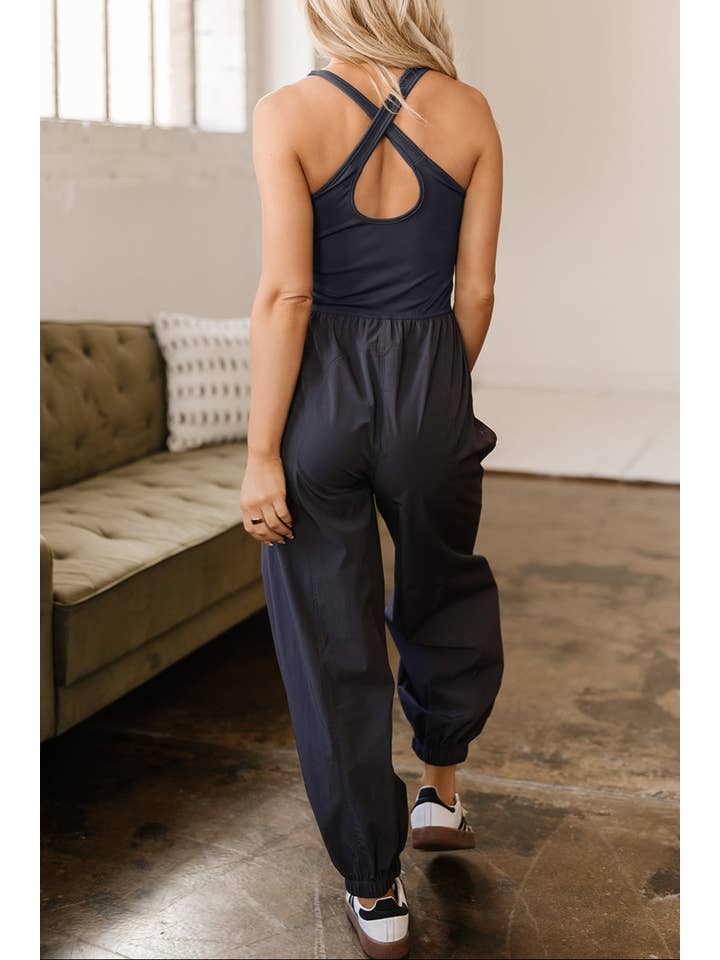 Carbon Grey Solid Cross Back Jogger Jumpsuit for wholesale on Faire