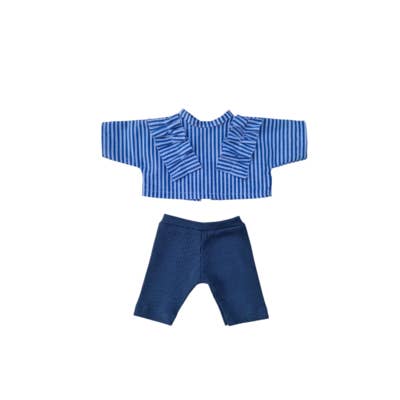 GARANCE ruffled striped blue blouse + blue pants for wholesale by Maman Poule et Papa Coq