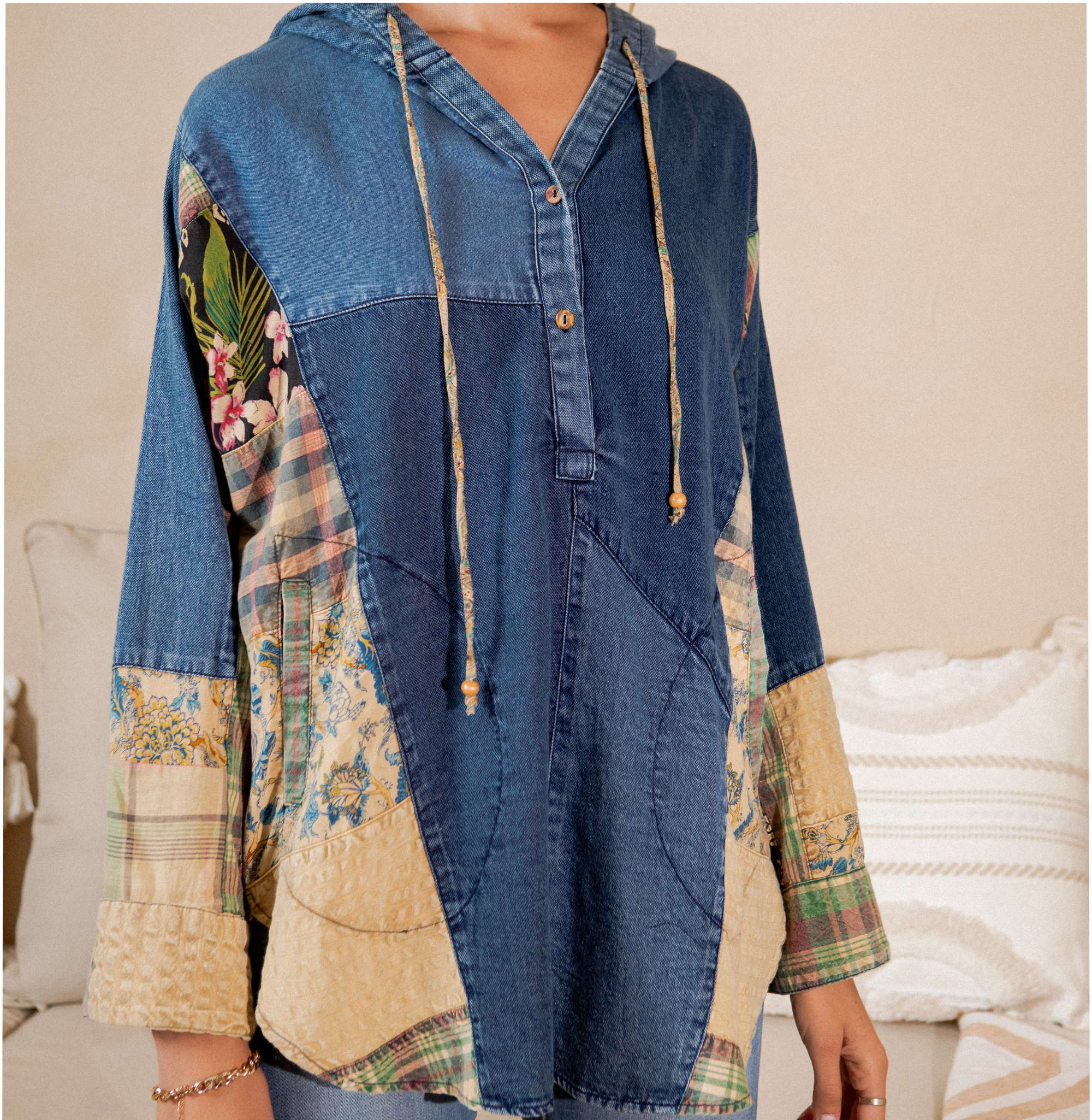 Young Threads - Wholesale Tunic - Women's - Western Boho Chic: Hooded High Low Patchwork Top17