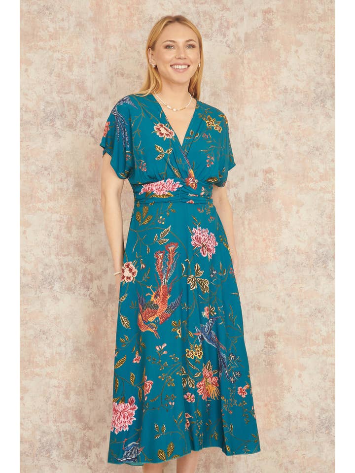 Yumi Teal Bird and Floral Print Ruched Waist Kimono Midi Dress for wholesale on Faire