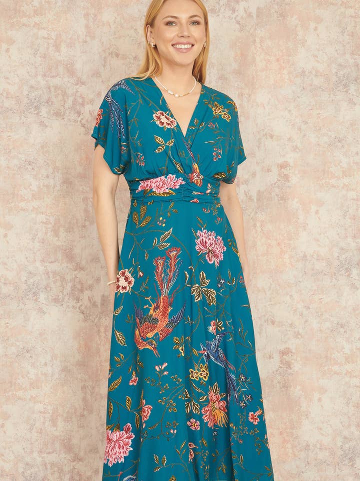 Yumi Teal Bird and Floral Print Ruched Waist Kimono Midi Dress for wholesale by Yumi