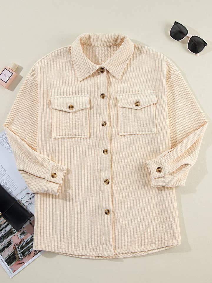 Oatmeal Corduroy Flap Pocket Buttoned Shacket for wholesale on Faire