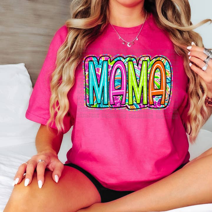 Mama Scribble Doodle Lyse Paisley Farverige Prikker DTF Transfer for engroshandel hos Flawless Transfers