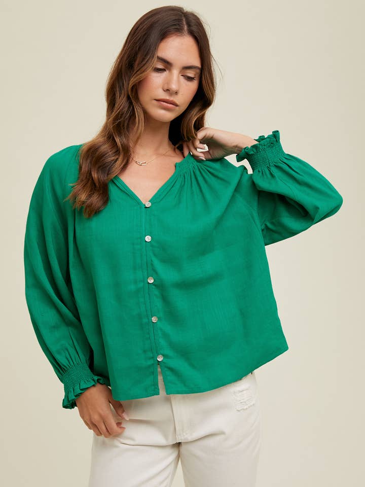 DROP SHOULDER BLOUSE WITH SMOCKED CUFF DETAIL / WL24-9099 for wholesale by Wishlist Apparel