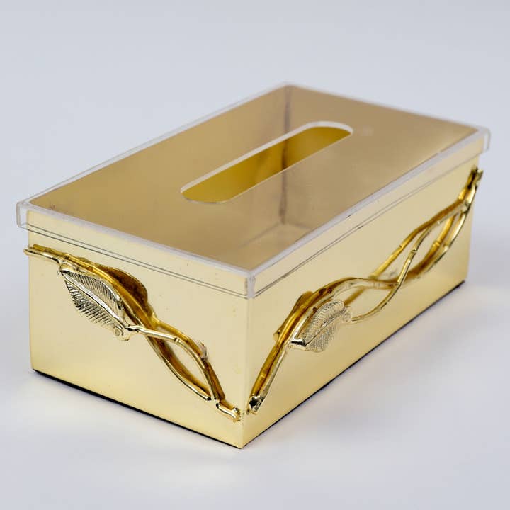Gold Tissue Box with Leaf Design and Clear Cover for wholesale by CLASSIC TOUCH DECOR INC.