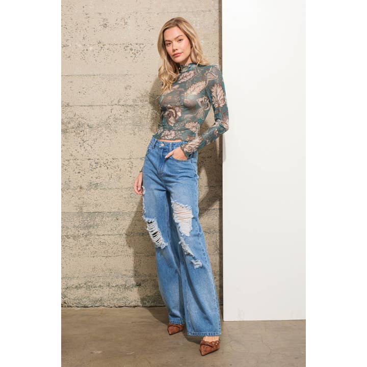 TEAL PRINT MESH MOCK NECK TOP for wholesale on Faire2