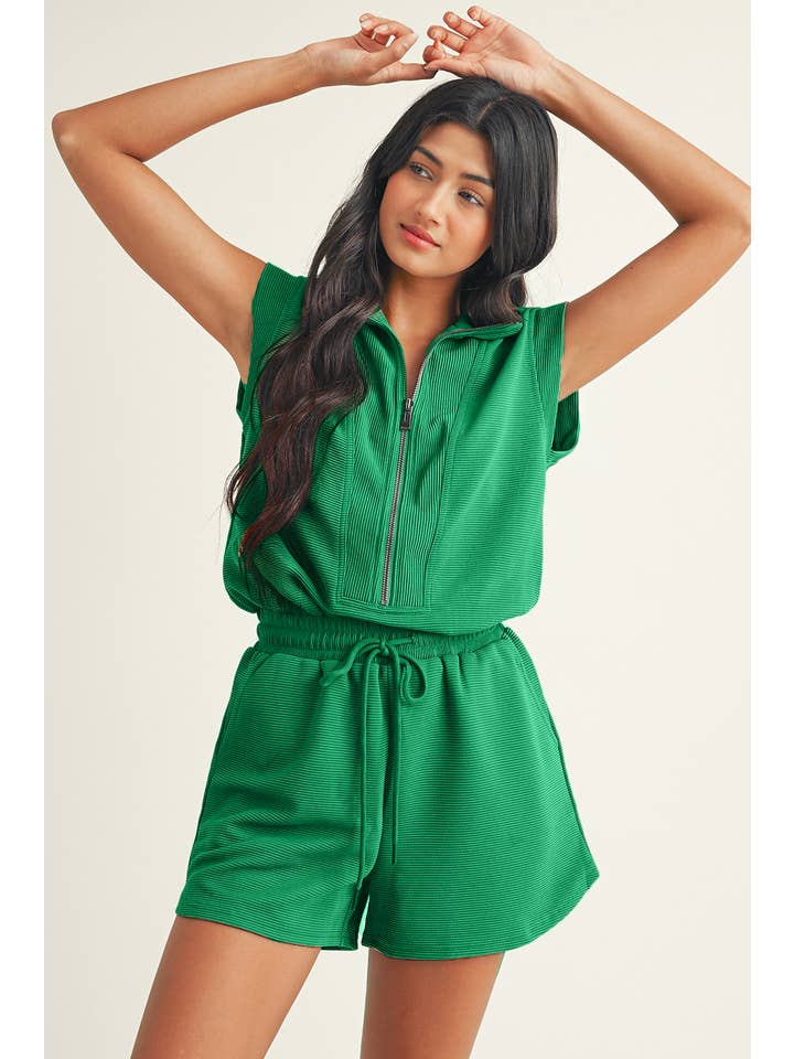Little Daisy Closet - Wholesale Romper - Women's - LDC Textured Short Sleeve Half Zip Drawstring Waist Romper