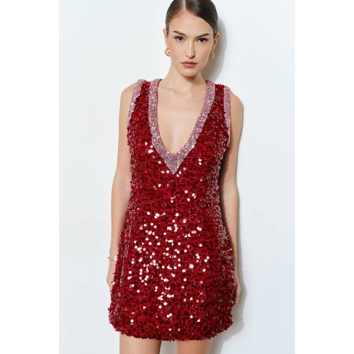 INA - Wholesale Dress – Women's - Luxe Sequins Two Tone Trim Deep V-Neck Mini Dress3