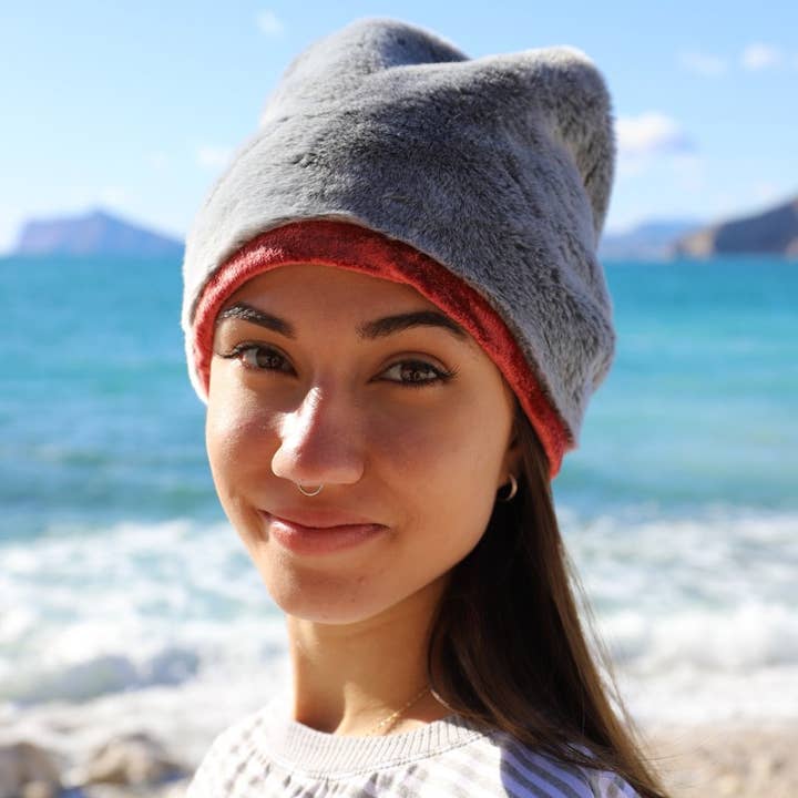 128 Gray Faux Fur Beanie Hats Lined In Rust-colored Cotton for wholesale by Purple Sardine