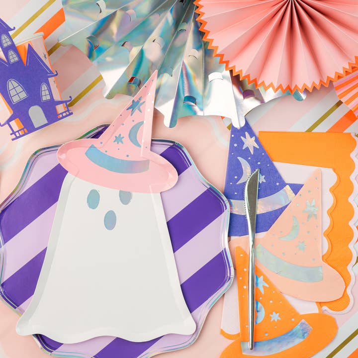 Gatherings by Curated Paperie - Wholesale Disposable Plate - Pink, Orange & Purple Spooky Stripes Dinner Paper Plates