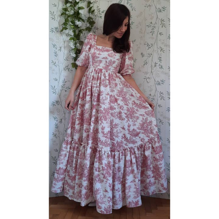 EgoChic Milano - Wholesale Dress - Women's - Cottage/vintage dress, cotton toile de jouy vintage dress, puff sleeves and flounced skirt