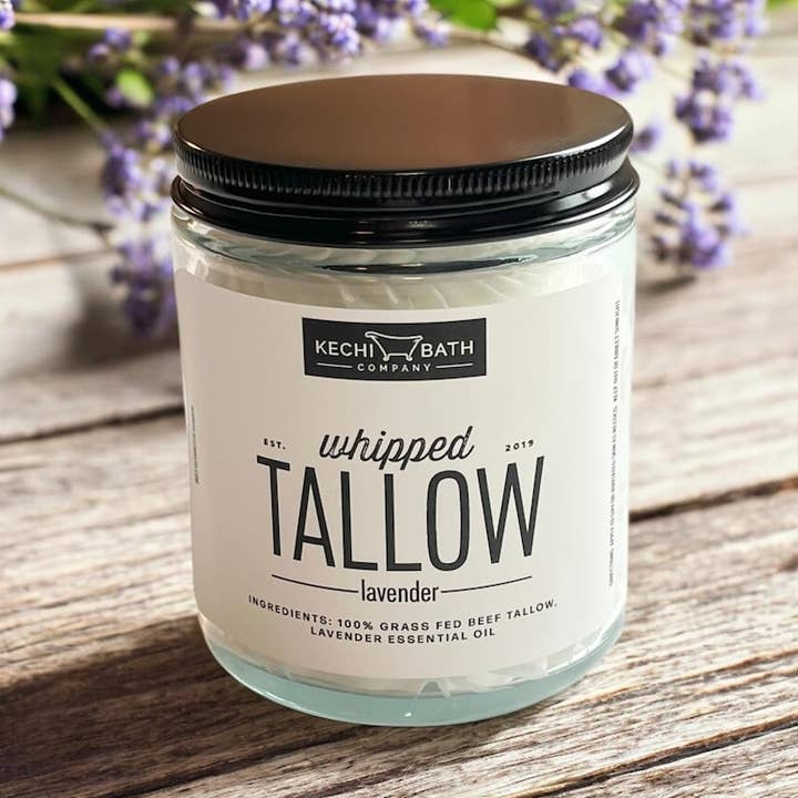 Crème de suif fouettée à la lavande - Lotion, hydratant et beurre corporel fouetté au suif de bœuf nourri à l'herbe, entièrement naturel pour la vente par Kechi Bath Company