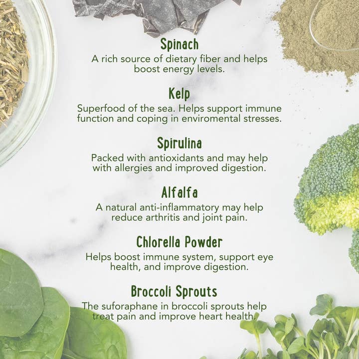 iHeartDogs.com - Vente Compléments alimentaires – chien - Super Greens : complément vitaminé, minéral et probiotique pour chiens avec spiruline, varech, thé vert, épinards, chlorelle et pousses de brocoli - 90 doses - iHeartDogs.com1