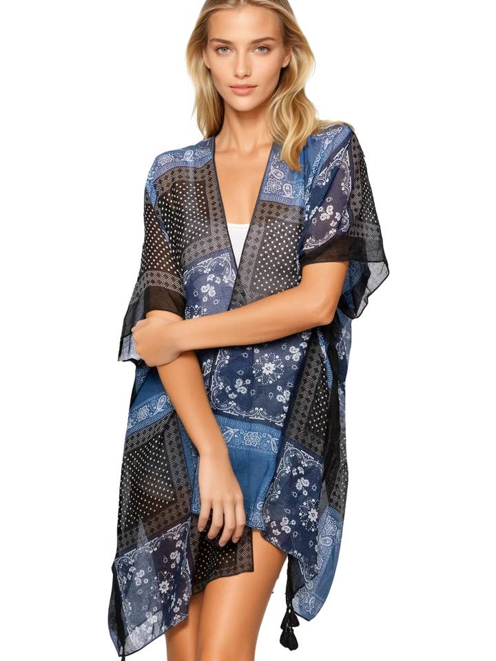 Copricostume Kimono con Stampa Bandana Blues per la vendita all'ingrosso da parte di Pool to Party