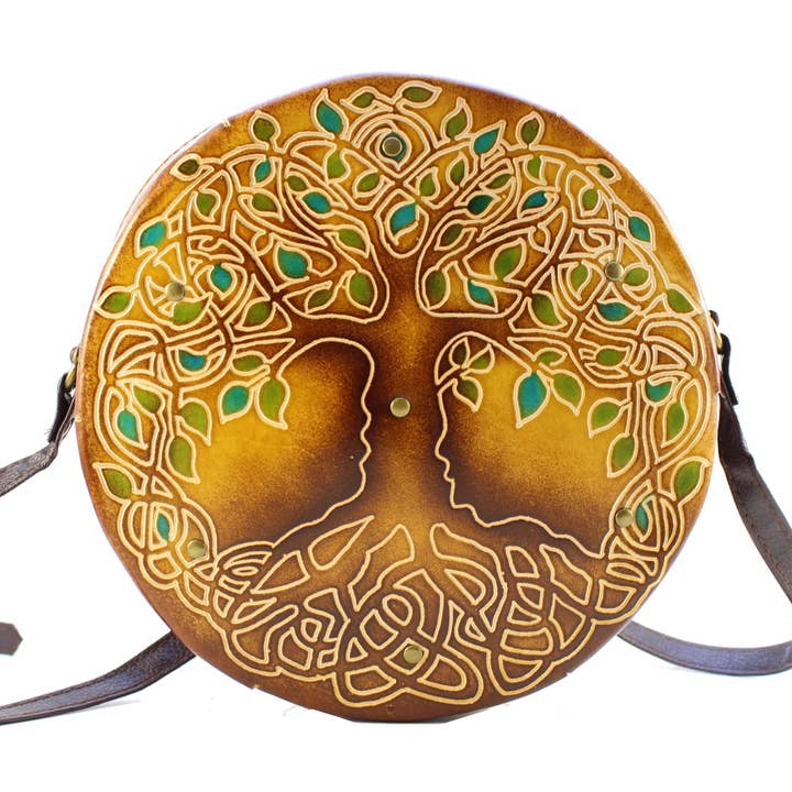 Handmade leather Tree of Life Round Purse handbag crossbody for wholesale by Sunflower Handmade leather inc