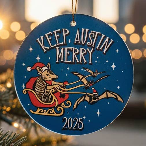 Keep Austin Merry Ornament for wholesale by Gusto Graphic Tees