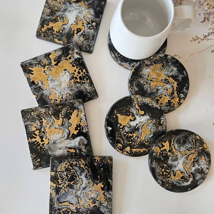 Set of 4" Asteroid Rush Resin Ceramic Coasters for wholesale by DMC Original Art