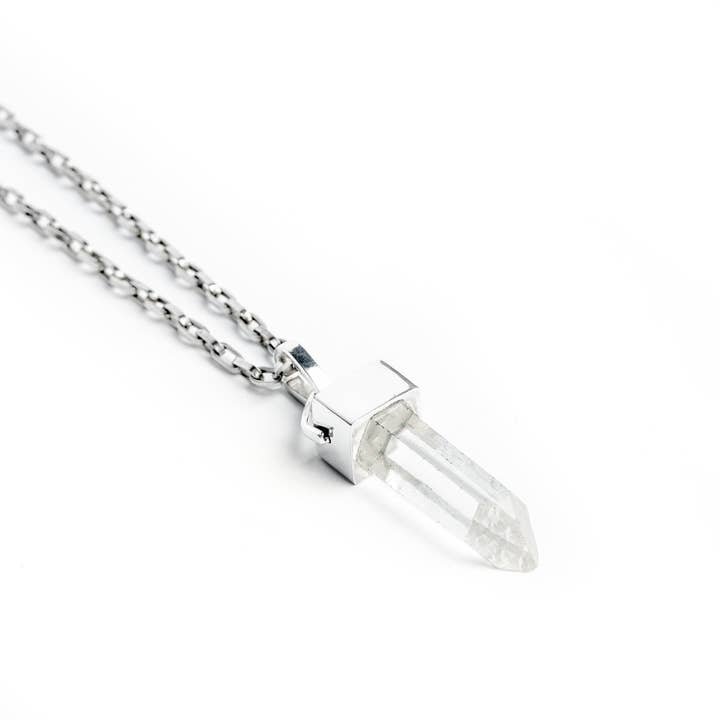 Clear Raw Quartz Point Long Sterling Silver Chain Necklace for wholesale by JUNGLE TRIBE