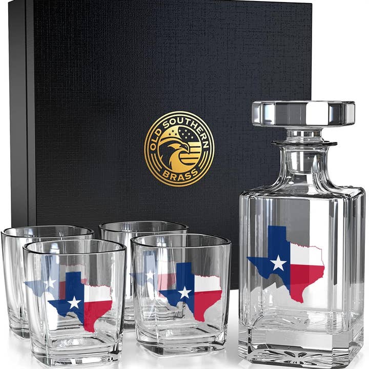 Texas Flag Decanter Whiskey Glass Gift Set - 5 Piece Set for wholesale by Old Southern Brass