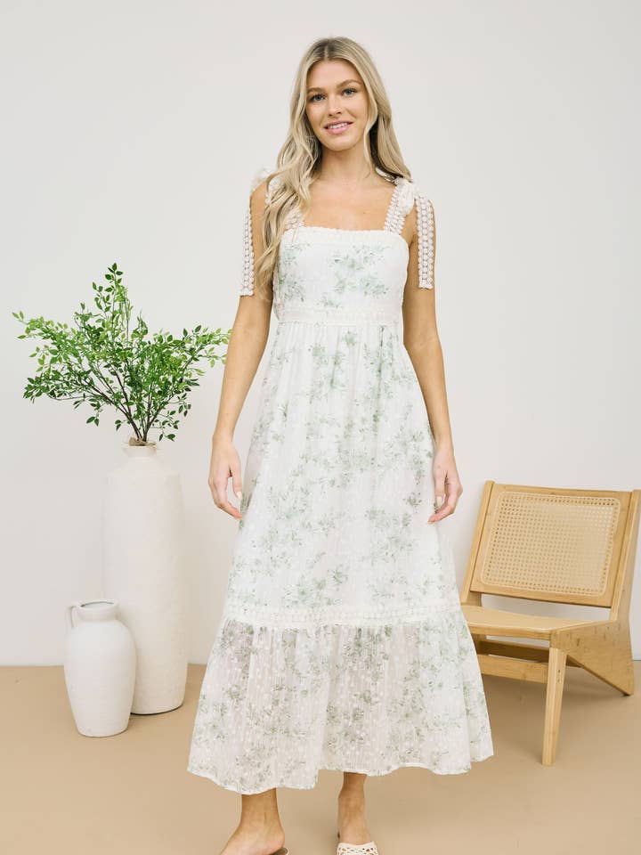 MINE - Wholesale Dress - Women's - POLKA DOT FLORAL EYELET LACE TRIM MIDI DRESS