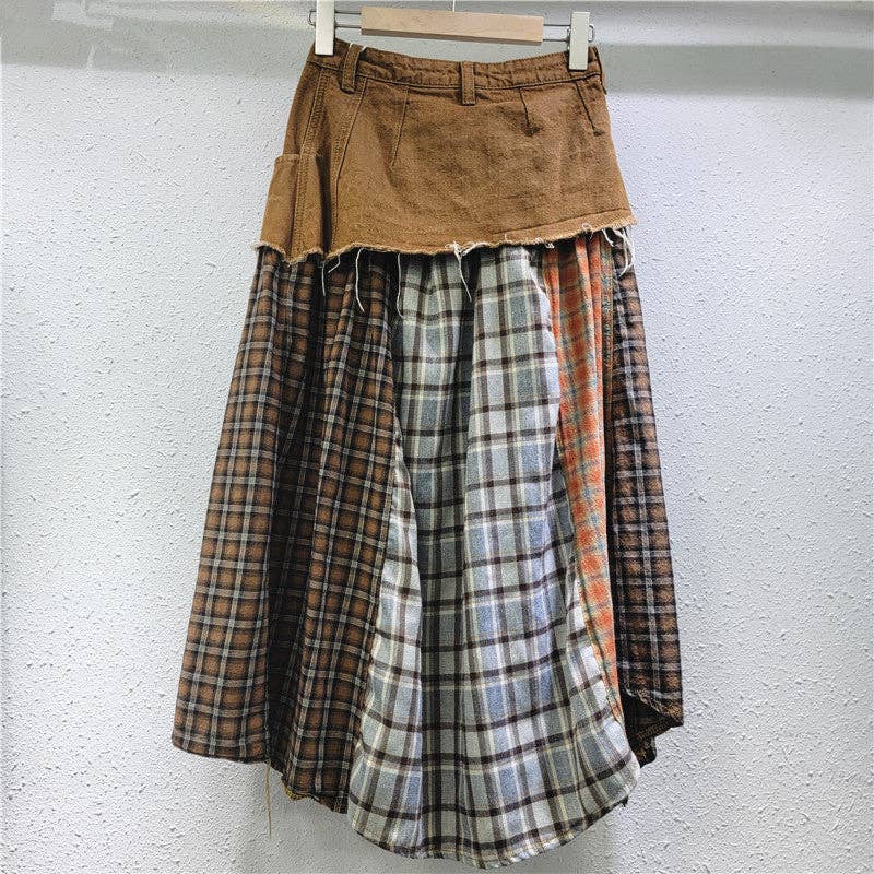 Sanyao Fashion – wholesale Skirt – Women’s – M188 Spliced Plaid Denim High Waist A-Line Midi Skirt8