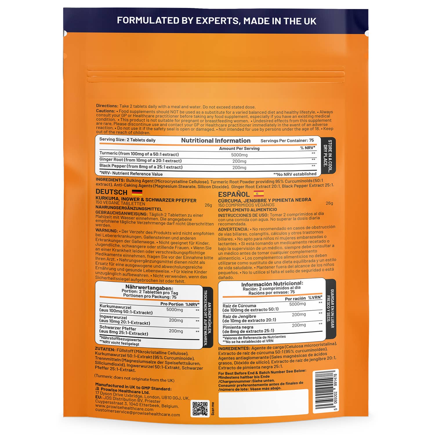 Prowise Healthcare - Wholesale Oral Supplement/Vitamin - Turmeric Tablets 5400mg with Black Pepper, Ginger6