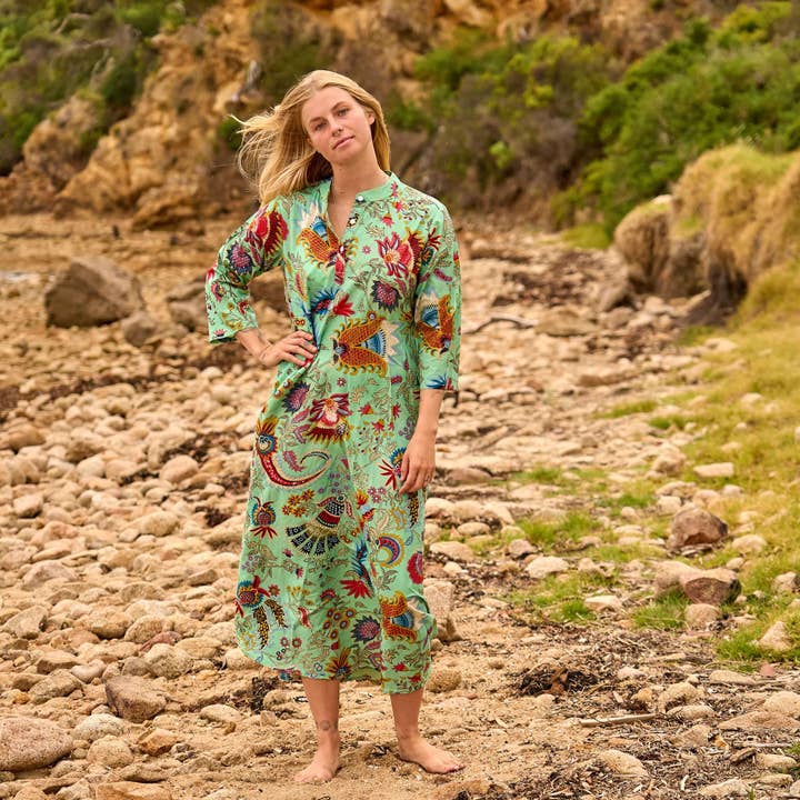 Katoenen Maxi Jurk – Blauwe Reiger Print voor Strandwandelingen voor wholesale door Boho-Eclectica