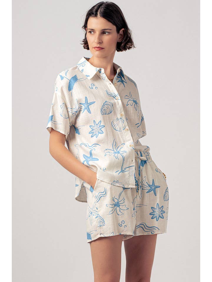 Urban Daizy - Wholesale Lounge Set - Women's - Coastal Print Camp Collar Shirt and Shorts Set