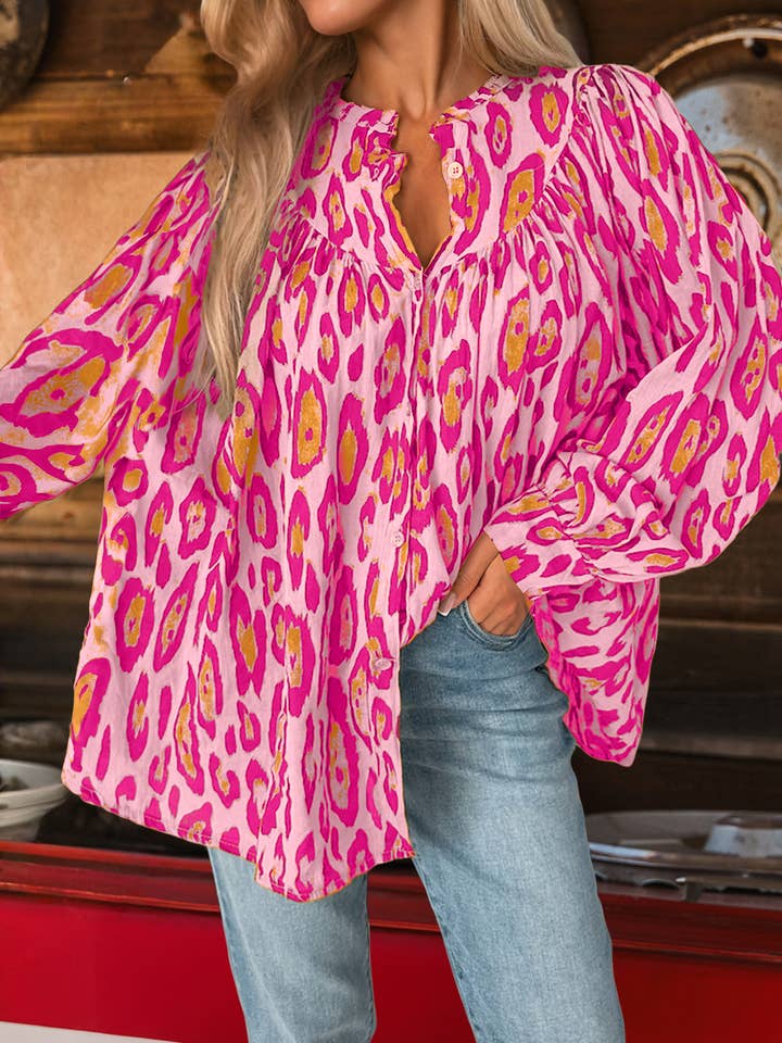 Western Oversized Leopard Print Balloon Sleeve Casual Shirt for wholesale by fashionworks