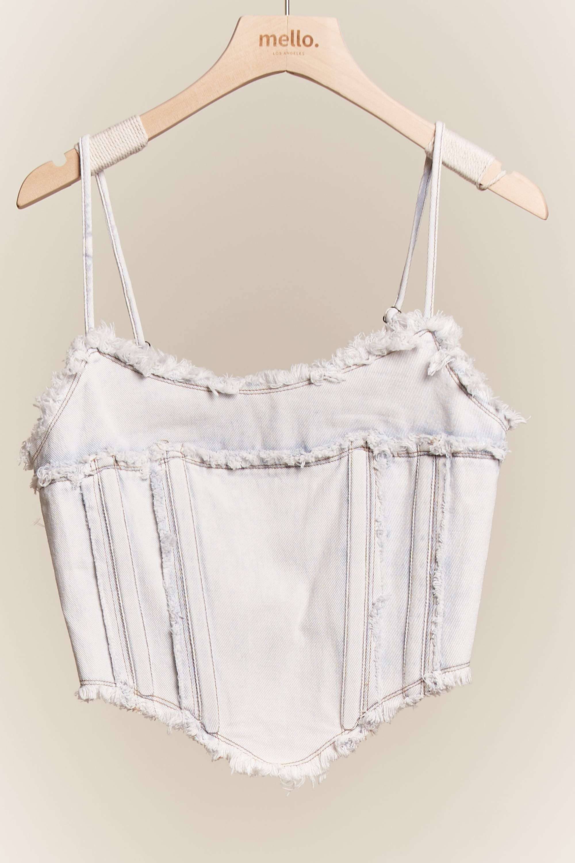 Mello. - Vente Débardeur – femme - Débardeur court en jean à bretelles spaghetti à ourlet brut3