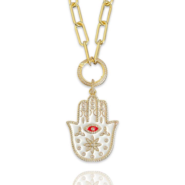 Collier Hamsa sur trombone en émail orné de bijoux pour la vente par Hamsa Alek