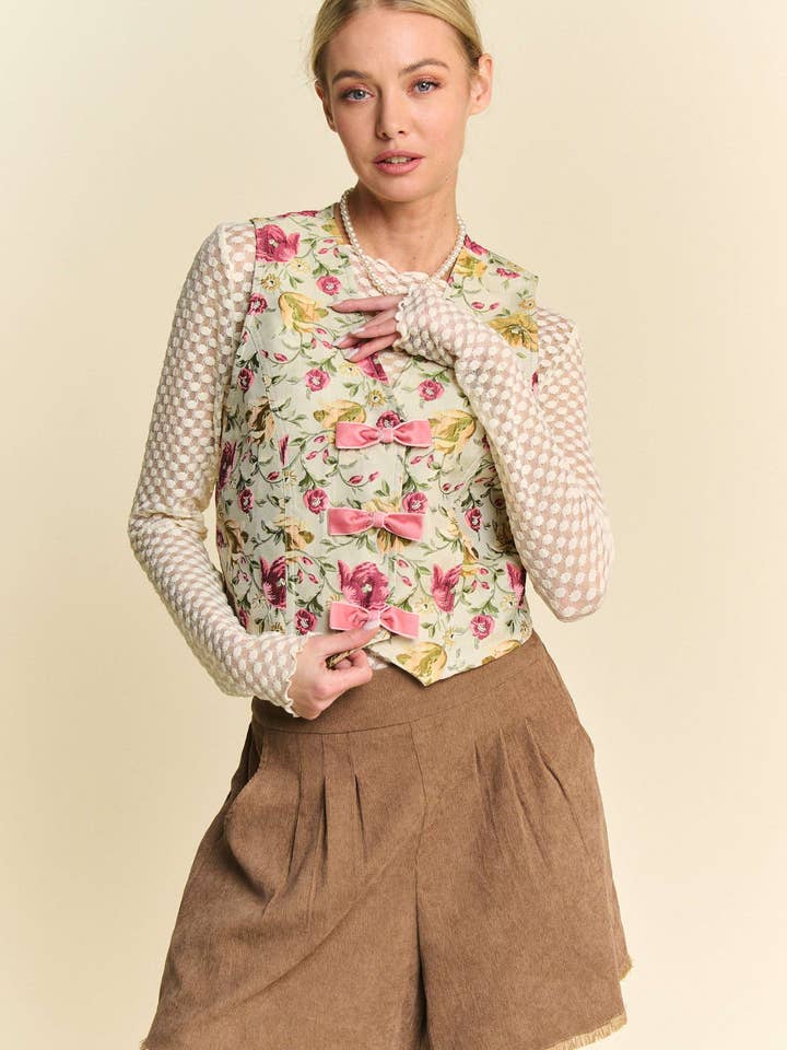 GARDEN FLORAL JACQUARD BOW DETAIL VEST for wholesale by Davi & Dani