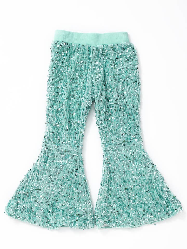 Girls Mint Sequin Flare Pants for wholesale by sassy kids palace