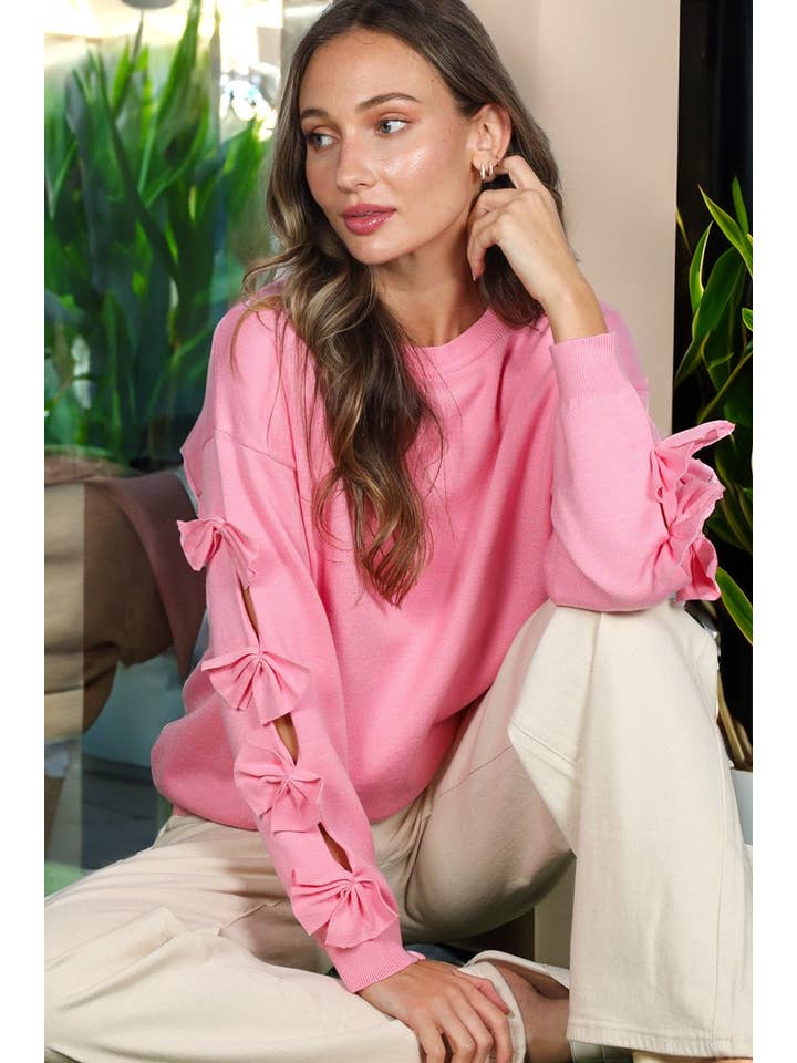 Vine & Love - Wholesale Knit Sweater - Women's - Bow Embellished Long-Sleeve Crew Neck Knit Sweater VT82605-4