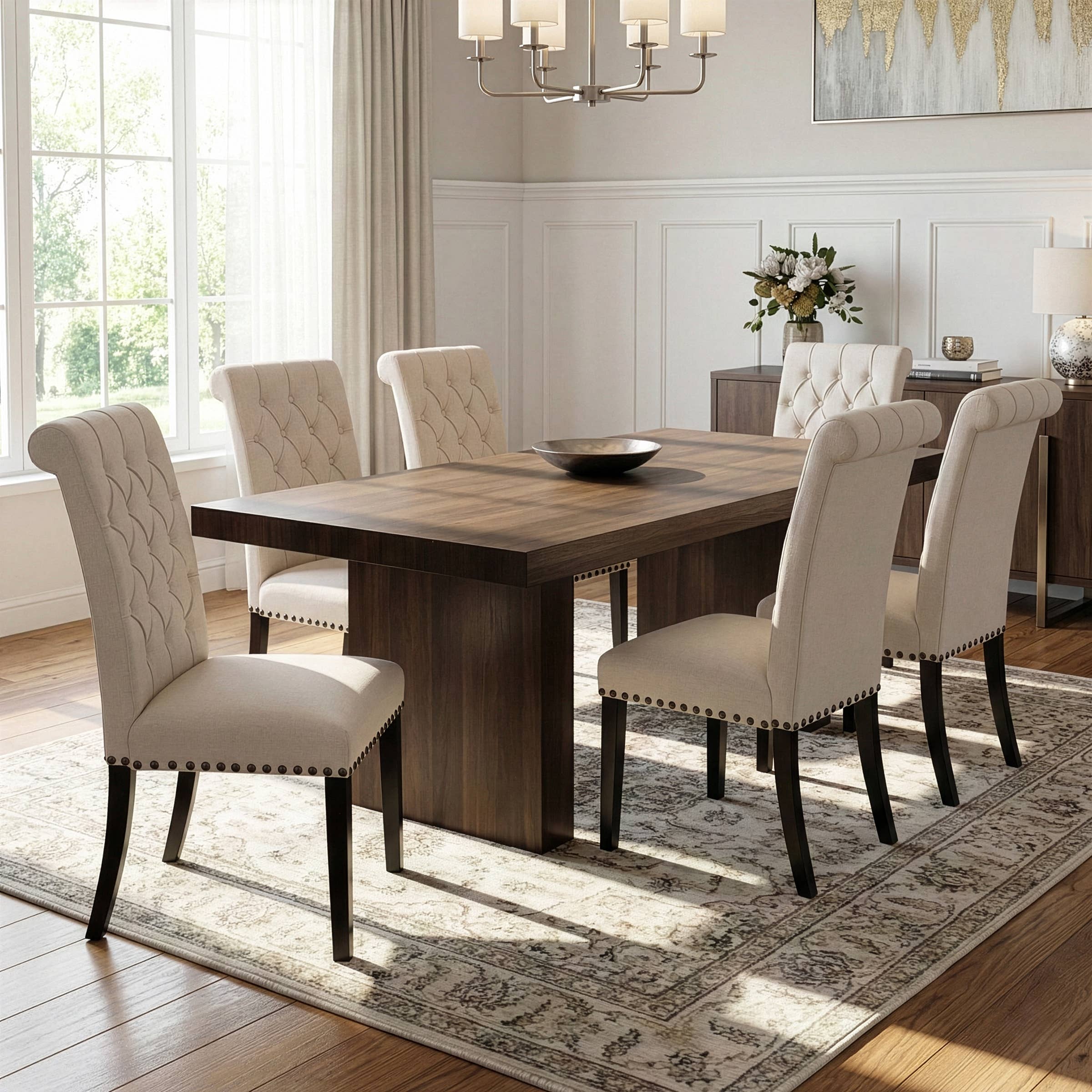 Glamour Home - Vente Chaises - Ensemble de chaises de salle à manger en tissu beige Aleki avec boutons capitonnés1