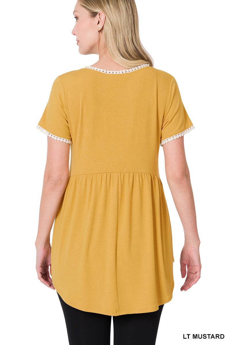 OLIVE MUSTARD Short Sleeve Empire Waist Shirring Top for wholesale on Faire1