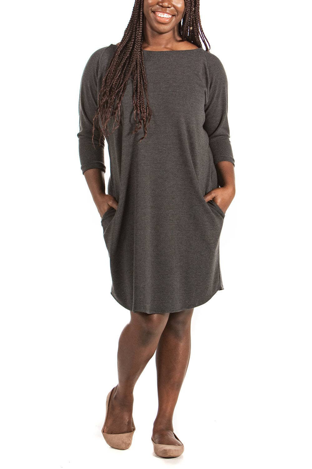 Charcoal Boat Neck Dress with Three Quarter Sleeves and Pockets for wholesale on Faire2