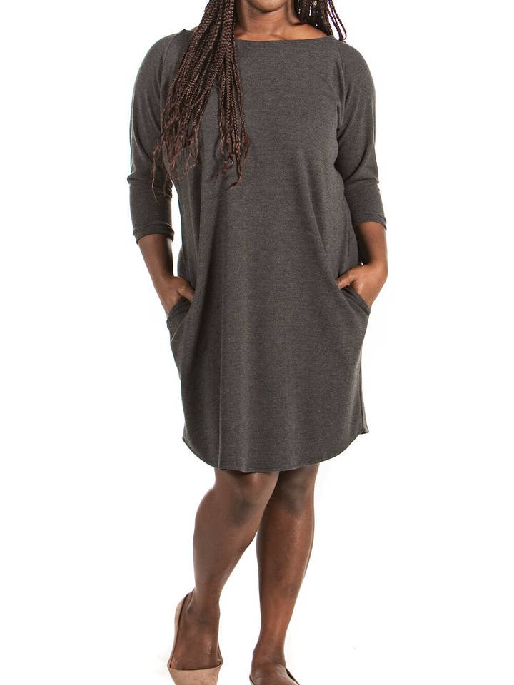 Charcoal Boat Neck Dress with Three Quarter Sleeves and Pockets for wholesale on Faire2