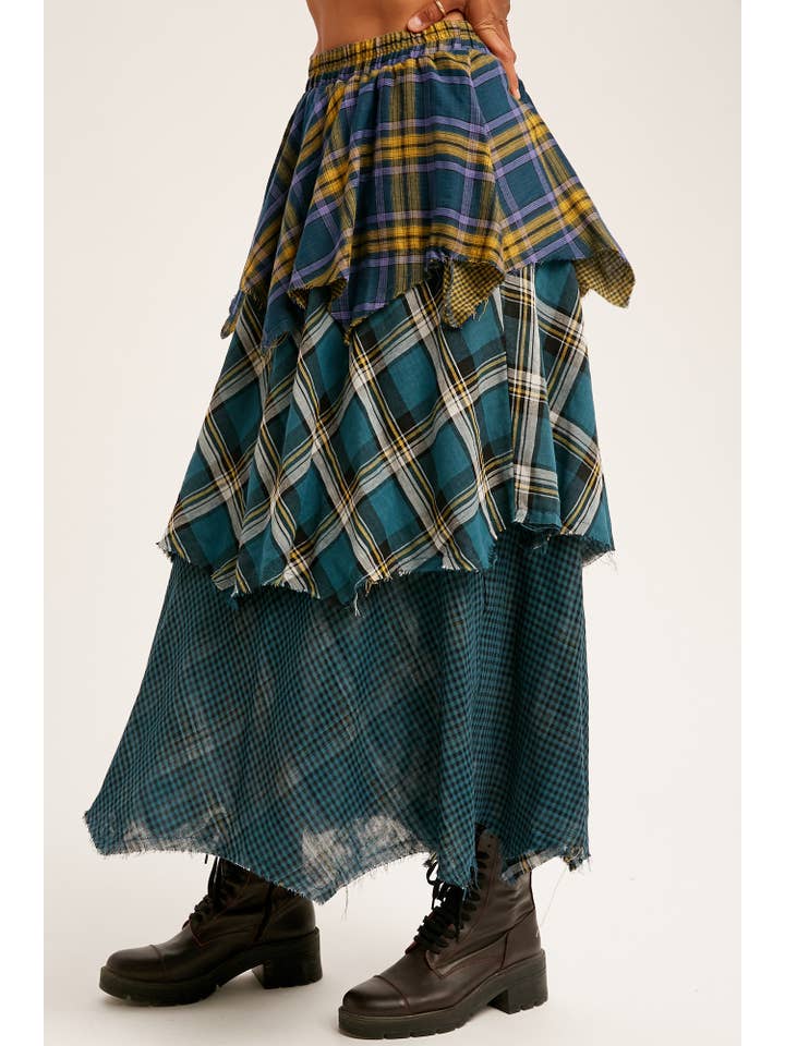 Listicle - Wholesale Skirt - Women's - Layered Patchwork Plaid Maxi Skirt LSK017014