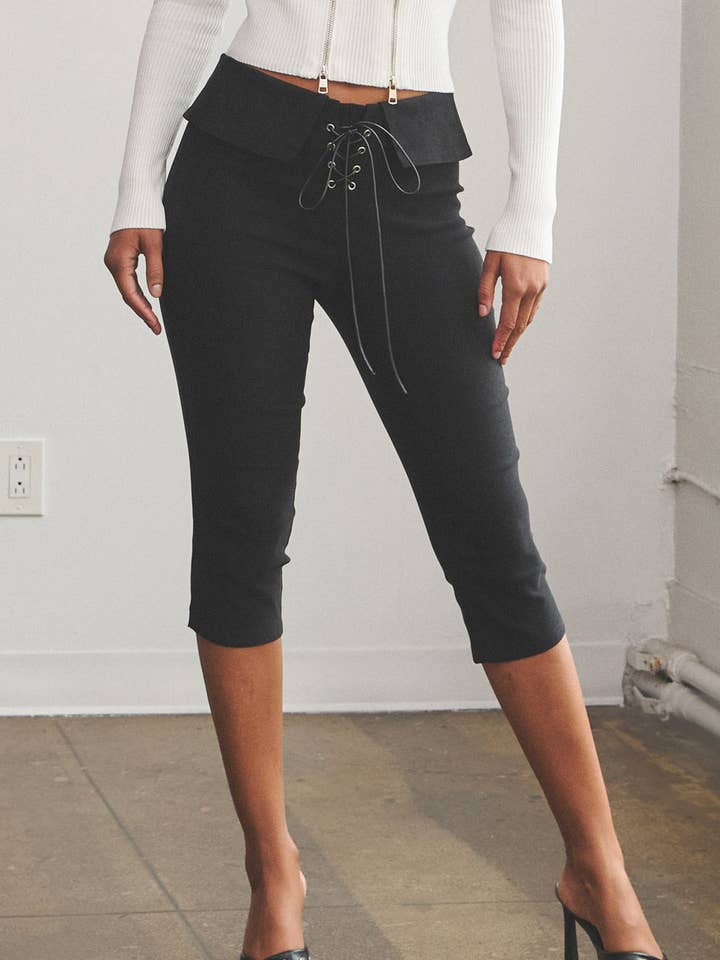 Flap detail lace up tie capri pants for wholesale by No Vacancy
