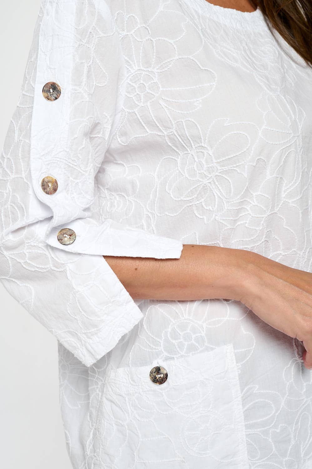 White 3/4 Sleeve Cotton Voile Embroidery Tunic - EC431 for wholesale on Faire1