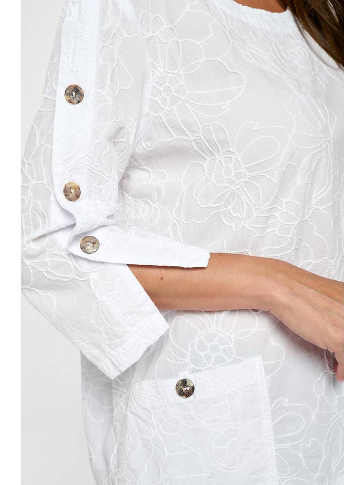 White 3/4 Sleeve Cotton Voile Embroidery Tunic - EC431 for wholesale on Faire1