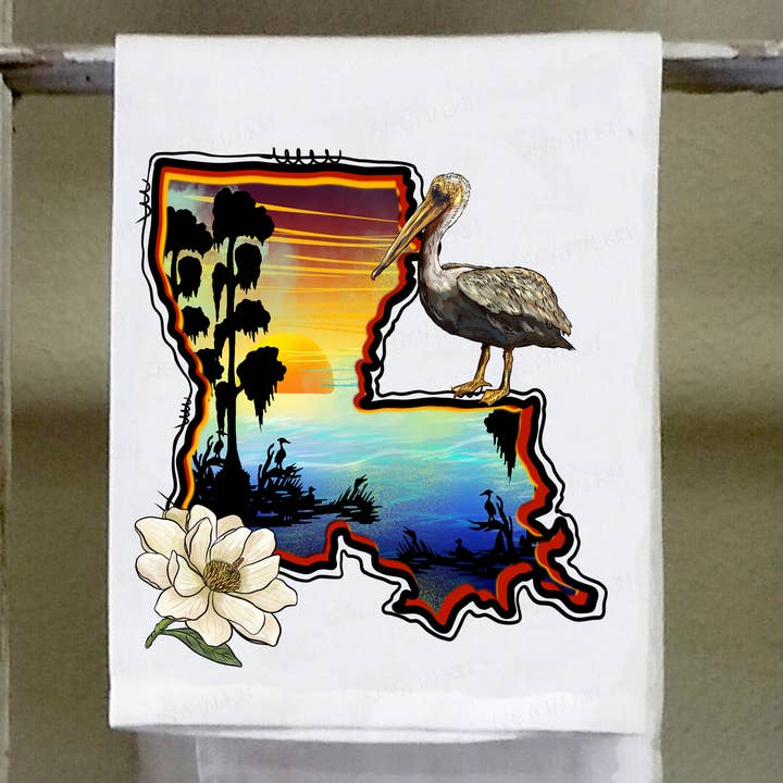 Sassy Talkin - Wholesale Tea Towel - Dish Towel, Cajun, Louisiana swamp pelican and magnolia