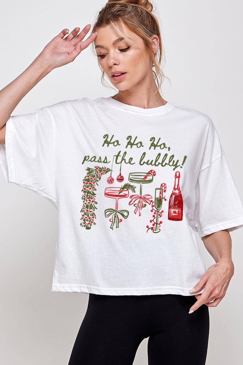 Pink Irene Wholesale - Wholesale Shirt - Women's - Pass the Bubbly Christmas Graphic Relaxed Crop Top1