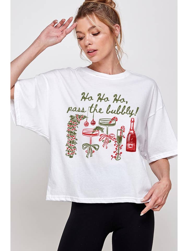 COLORBEAR - Wholesale T-Shirt (Graphic) - Women's - Pass the Bubbly Christmas Graphic Relaxed Crop Top