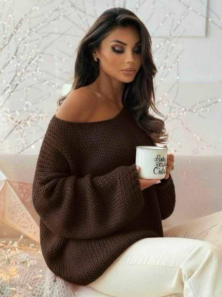 Sena Oversize Pullover mit überschnittener Schulter aus Strick - Schokolade für den Großhandel von Catwalk Wholesale