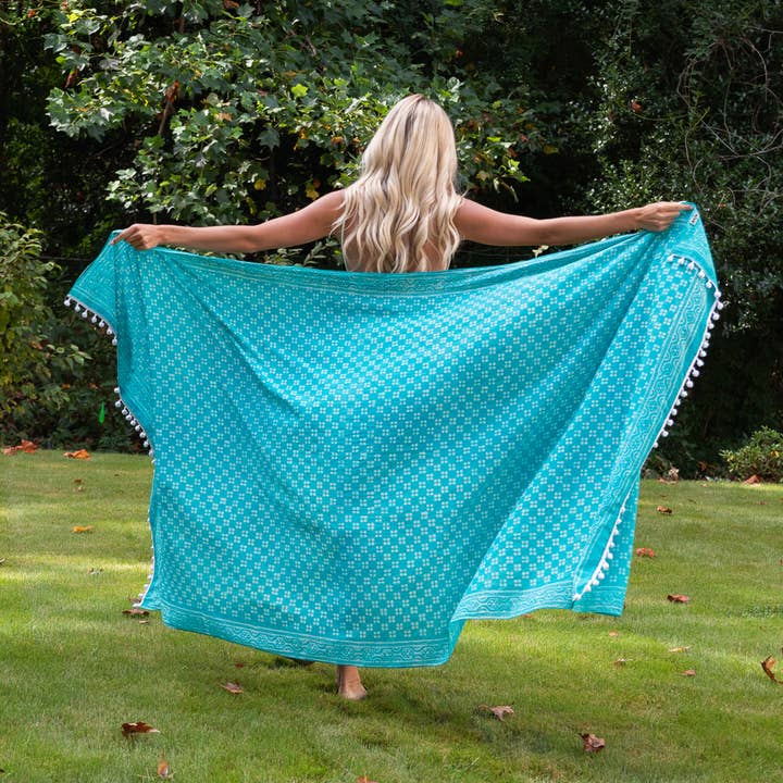 Handcrafted Cotton Sarong - Turquoise Grid for wholesale by Anju Jewelry